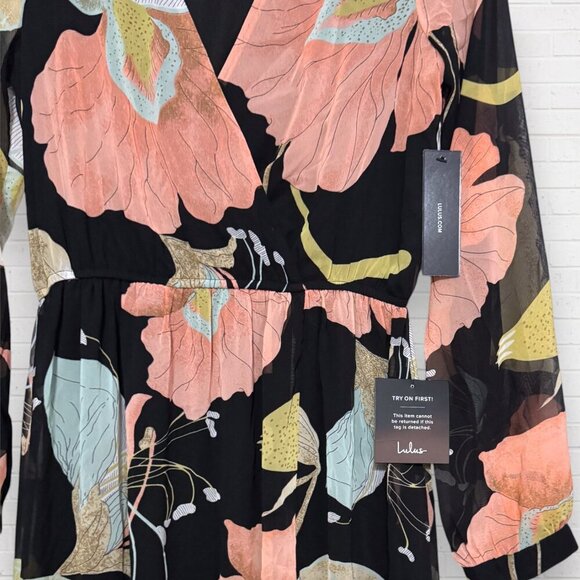 NWT LULU'S Wondrous Water Lilies Black Floral Print Chiffon Flowy Maxi Dress S - Picture 4 of 7